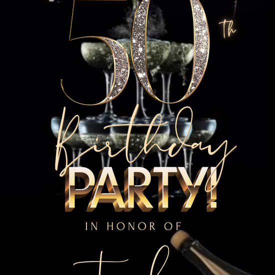 50th Birthday Champagne Tower Video Invitation | Animated Birthday Digital Evite | Editable Canva Invite Template