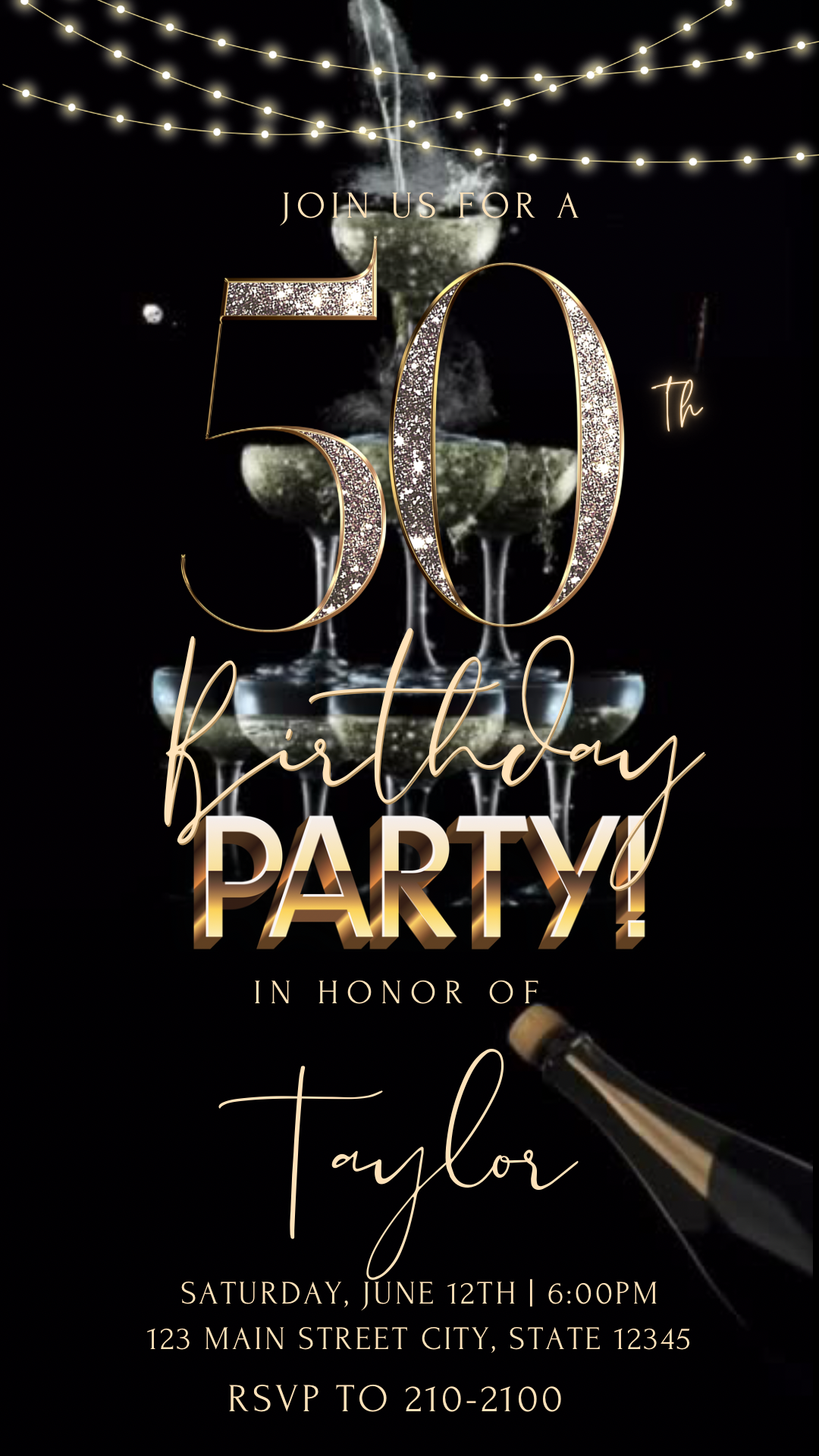 50th Birthday Champagne Tower Video Invitation | Animated Birthday Digital Evite | Editable Canva Invite Template