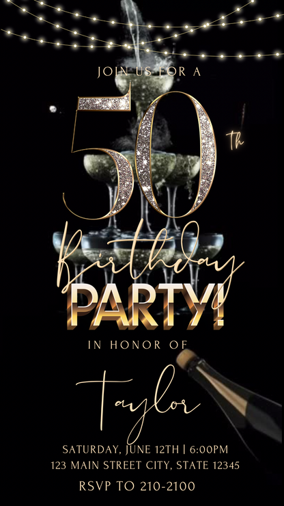 50th Birthday Champagne Tower Video Invitation | Animated Birthday Digital Evite | Editable Canva Invite Template