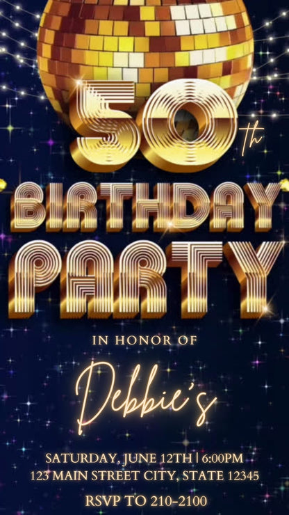 Editable blue gold disco 50th birthday party video invitation displayed on a mobile phone, featuring an animated vertical digital invite with music, created in Canva. This premium video invitation template is designed for sharing by text, email, and social media and works with an interactive RSVP website for easy guest response tracking.