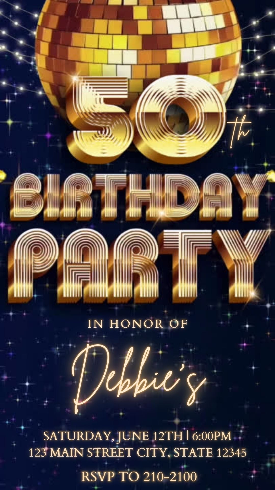 Editable blue gold disco 50th birthday party video invitation displayed on a mobile phone, featuring an animated vertical digital invite with music, created in Canva. This premium video invitation template is designed for sharing by text, email, and social media and works with an interactive RSVP website for easy guest response tracking.