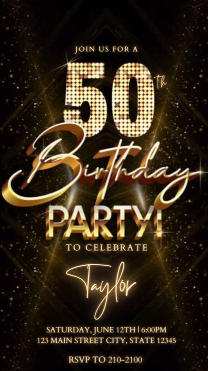 Editable gold glitter 50th birthday party video invitation displayed on a mobile phone, featuring an animated vertical digital invite with music, created in Canva. This premium video invitation template is designed for sharing by text, email, and social media and works with an interactive RSVP website for easy guest response tracking.