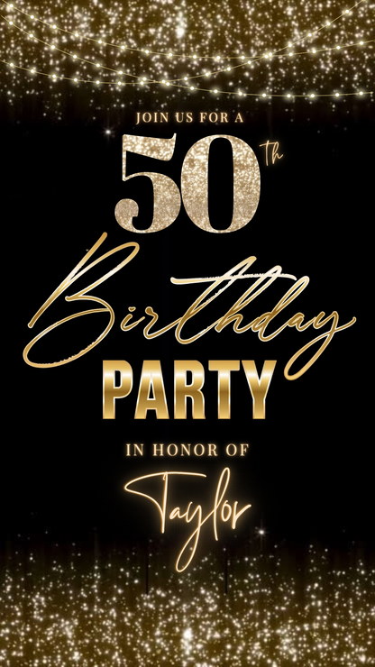 Videoeinladung zum 50. Geburtstag | Elegante digitale Champagner-Einladung (animiert) | Bearbeitbare Canva-Vorlage