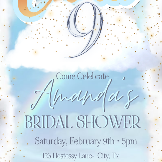 Bride is on Cloud 9 Bridal Shower Video Invitation | Digital Watercolor Blue Gold Invite | Editable Online Template