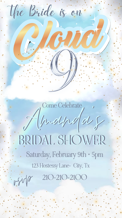 Bride is on Cloud 9 Bridal Shower Video Invitation | Digital Watercolor Blue Gold Invite | Editable Online Template