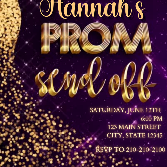 Purple Starry Night Prom Send Off Video Invitation | Digital Gold Sequin Glamour Invite | Editable Online Template