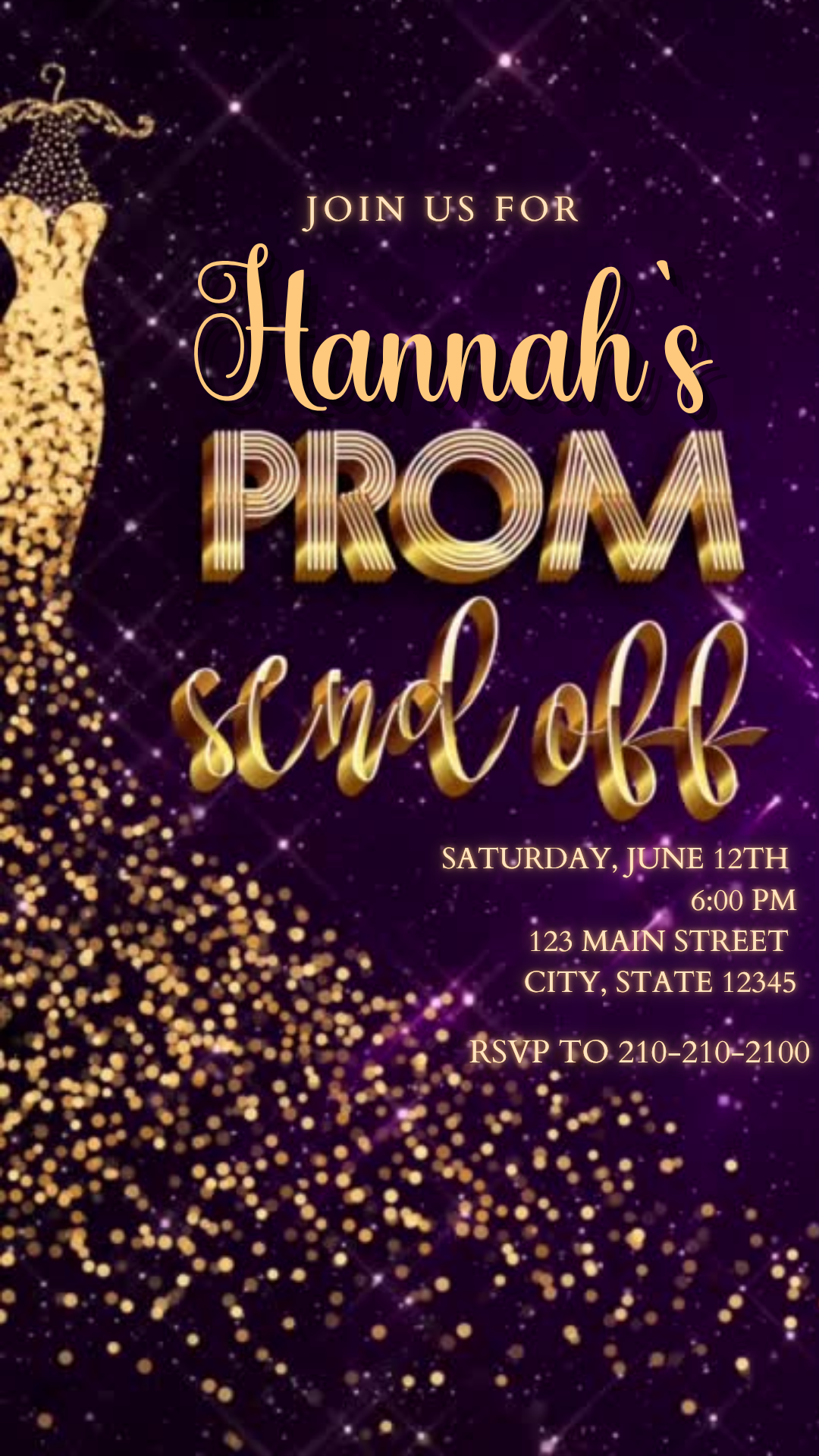 Purple Starry Night Prom Send Off Video Invitation | Digital Gold Sequin Glamour Invite | Editable Online Template