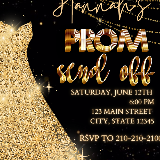 Gold Sparkle Black Glitter Prom Video Invitation | Digital Elegant Send Off Invite | Editable Online Template