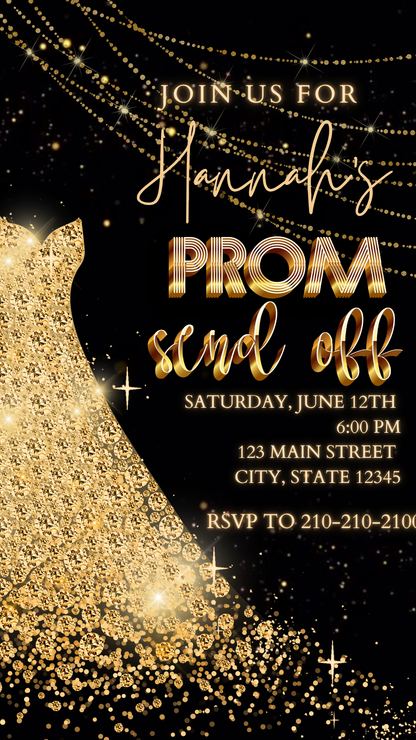 Gold Sparkle Black Glitter Prom Video Invitation | Digital Elegant Send Off Invite | Editable Online Template