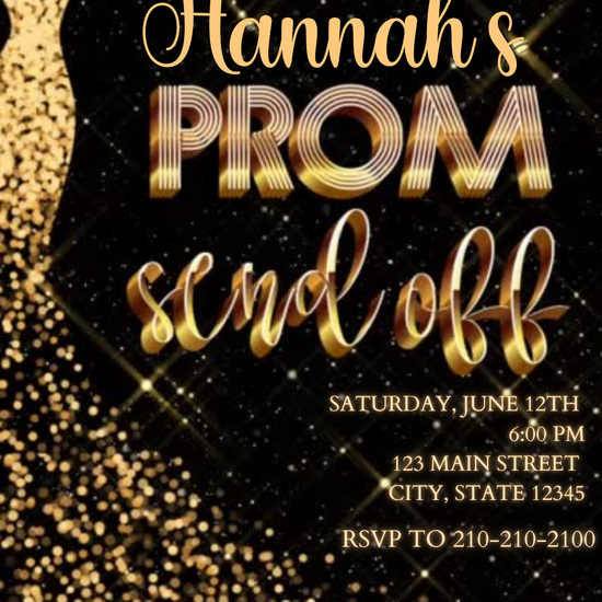 Black Gold String Lights Prom Video Invitation | Digital Sequin Glamour Send Off Invite | Editable Online Template