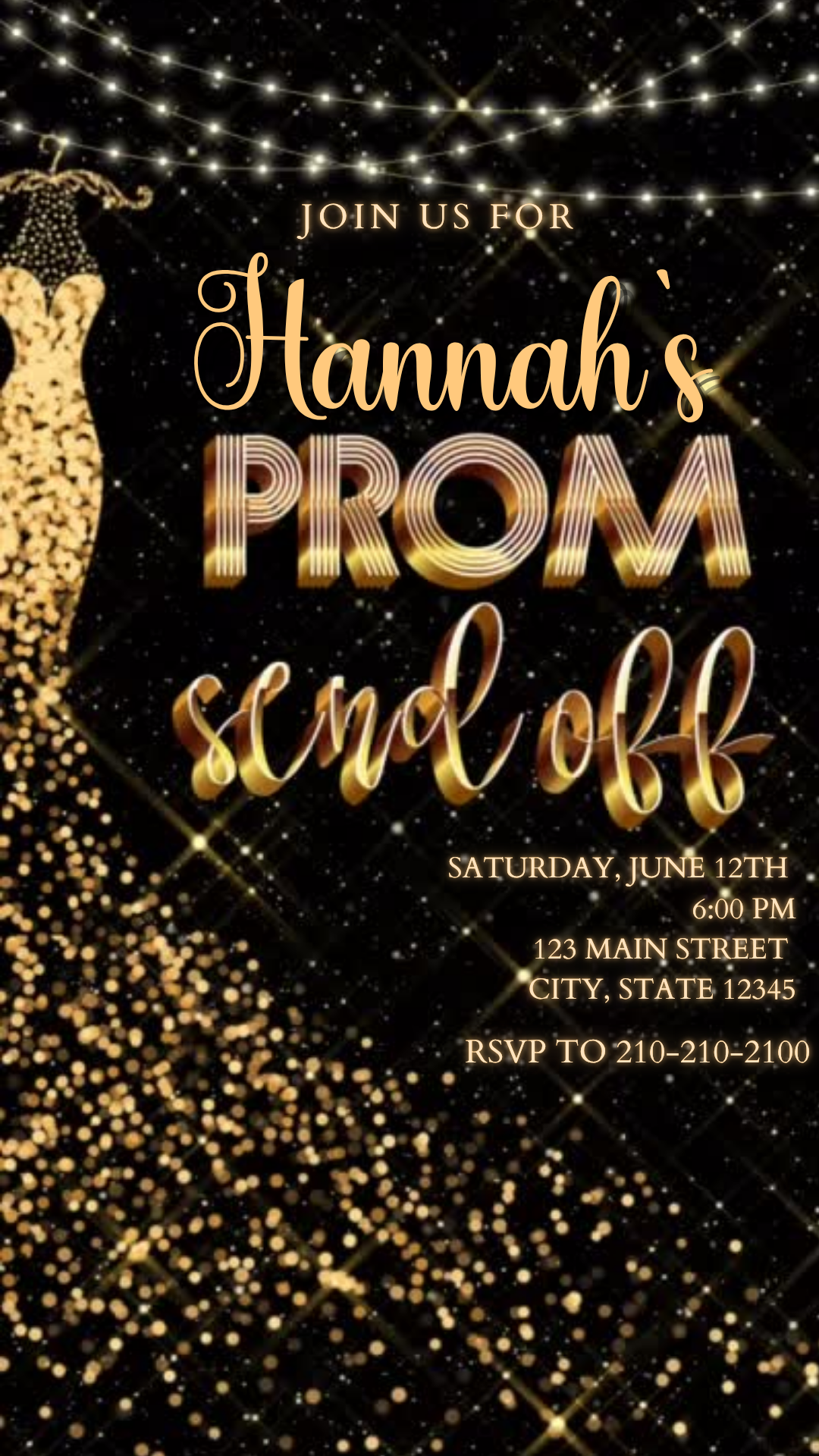 Black Gold String Lights Prom Video Invitation | Digital Sequin Glamour Send Off Invite | Editable Online Template