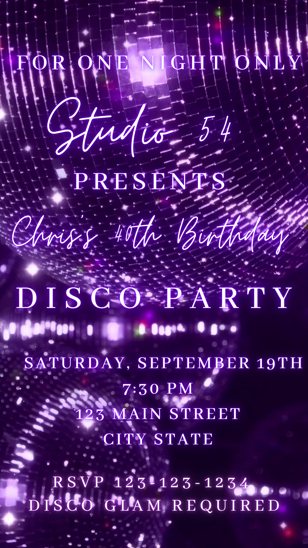 Purple Disco Glam Night Video Invitation