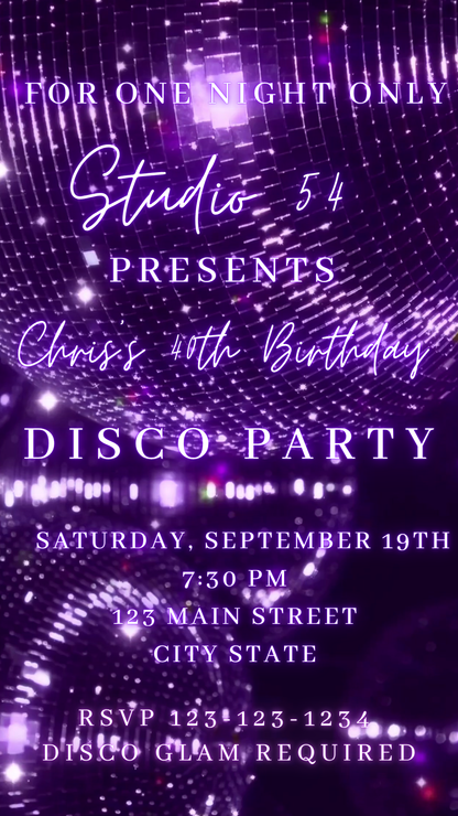 Purple Disco Glam Night Video Invitation