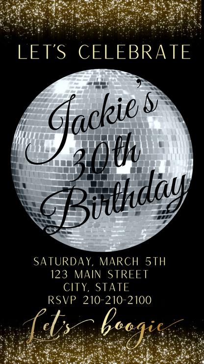 Silver Mirror Ball 30th Milestone Video Invitation | Digital Disco Boogie Invite | Editable Online Template