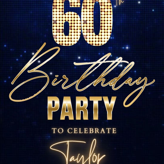 Editable royal blue gold sparkle 60th birthday birthday video invitation displayed on a mobile phone, featuring an animated vertical digital invite with music, created in Canva. This premium video invitation template is designed for sharing by text, email, and social media and works with an interactive RSVP website for easy guest response tracking.