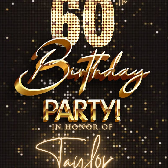 Editable gold party lights 60th birthday birthday video invitation displayed on a mobile phone, featuring an animated vertical digital invite with music, created in Canva. This premium video invitation template is designed for sharing by text, email, and social media and works with an interactive RSVP website for easy guest response tracking.