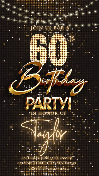 Editable gold party lights 60th birthday birthday video invitation displayed on a mobile phone, featuring an animated vertical digital invite with music, created in Canva. This premium video invitation template is designed for sharing by text, email, and social media and works with an interactive RSVP website for easy guest response tracking.