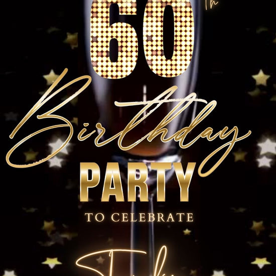 Editable champagne celebration 60th birthday birthday video invitation displayed on a mobile phone, featuring an animated vertical digital invite with music, created in Canva. This premium video invitation template is designed for sharing by text, email, and social media and works with an interactive RSVP website for easy guest response tracking.