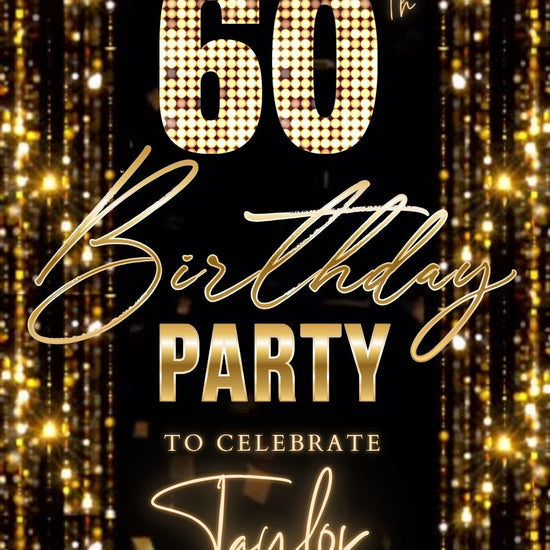 Editable gold glitter curtain 60th birthday birthday video invitation displayed on a mobile phone, featuring an animated vertical digital invite with music, created in Canva. This premium video invitation template is designed for sharing by text, email, and social media and works with an interactive RSVP website for easy guest response tracking.