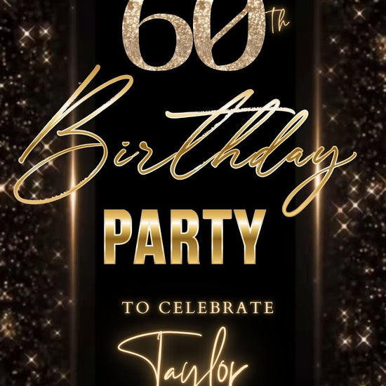 Editable black gold sparkle 60th birthday birthday video invitation displayed on a mobile phone, featuring an animated vertical digital invite with music, created in Canva. This premium video invitation template is designed for sharing by text, email, and social media and works with an interactive RSVP website for easy guest response tracking.