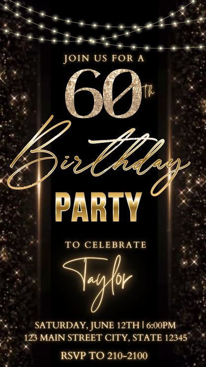 Editable black gold sparkle 60th birthday birthday video invitation displayed on a mobile phone, featuring an animated vertical digital invite with music, created in Canva. This premium video invitation template is designed for sharing by text, email, and social media and works with an interactive RSVP website for easy guest response tracking.