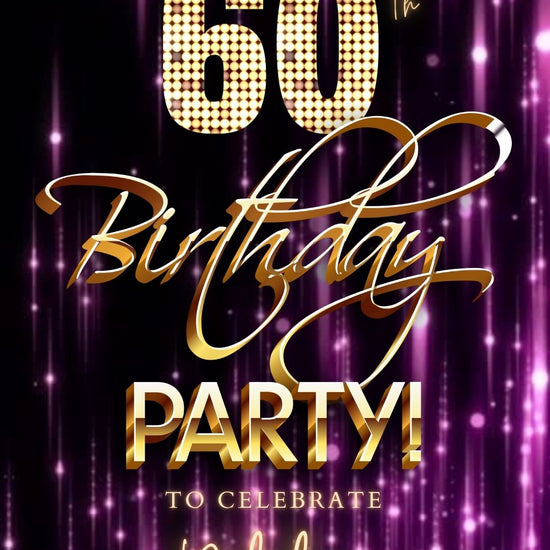 Editable purple gold glam 60th birthday birthday video invitation displayed on a mobile phone, featuring an animated vertical digital invite with music, created in Canva. This premium video invitation template is designed for sharing by text, email, and social media and works with an interactive RSVP website for easy guest response tracking.