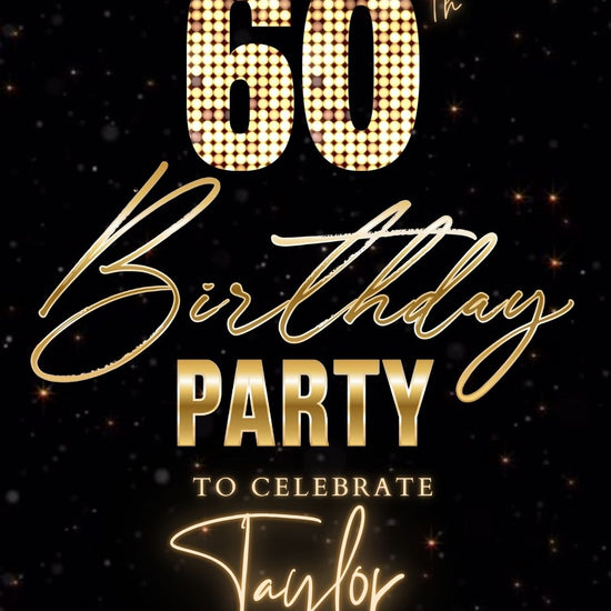 Editable black gold starry 60th birthday birthday video invitation displayed on a mobile phone, featuring an animated vertical digital invite with music, created in Canva. This premium video invitation template is designed for sharing by text, email, and social media and works with an interactive RSVP website for easy guest response tracking.