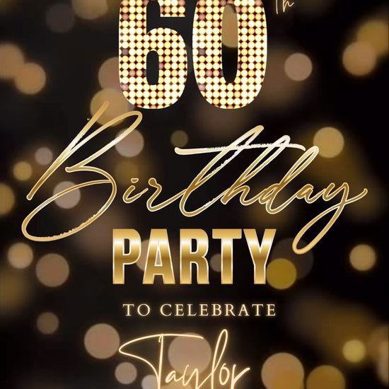 Editable gold bokeh lights 60th birthday birthday video invitation displayed on a mobile phone, featuring an animated vertical digital invite with music, created in Canva. This premium video invitation template is designed for sharing by text, email, and social media and works with an interactive RSVP website for easy guest response tracking.