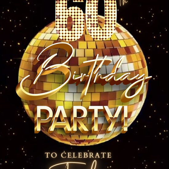 Editable gold disco ball 60th birthday birthday video invitation displayed on a mobile phone, featuring an animated vertical digital invite with music, created in Canva. This premium video invitation template is designed for sharing by text, email, and social media and works with an interactive RSVP website for easy guest response tracking.