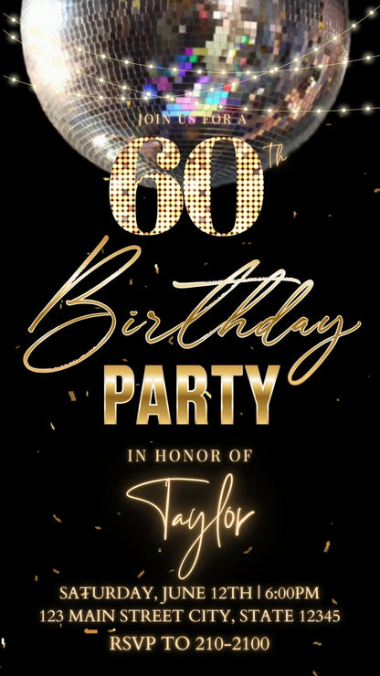 Editable black gold disco 60th birthday birthday video invitation displayed on a mobile phone, featuring an animated vertical digital invite with music, created in Canva. This premium video invitation template is designed for sharing by text, email, and social media and works with an interactive RSVP website for easy guest response tracking.