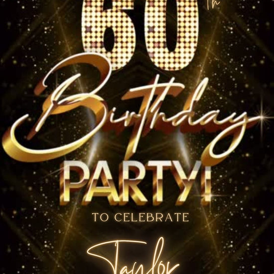 Editable gold glitter 60th birthday video invitation displayed on a mobile phone, featuring an animated vertical digital invite with music, created in Canva. This premium video invitation template is designed for sharing by text, email, and social media and works with an interactive RSVP website for easy guest response tracking.