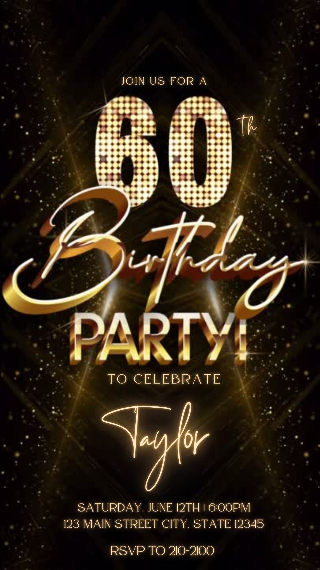 Editable gold glitter 60th birthday video invitation displayed on a mobile phone, featuring an animated vertical digital invite with music, created in Canva. This premium video invitation template is designed for sharing by text, email, and social media and works with an interactive RSVP website for easy guest response tracking.