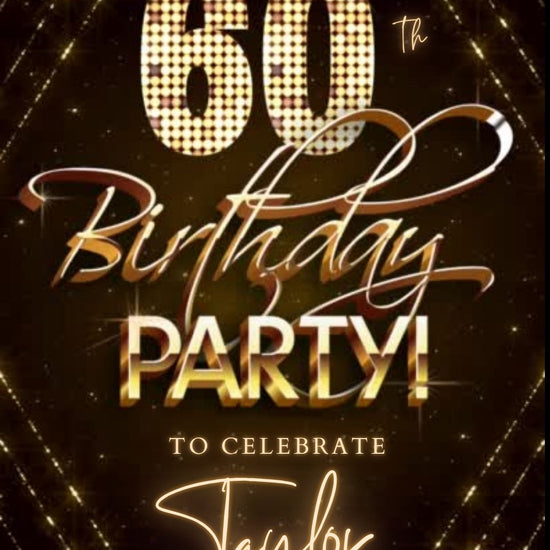 Editable gold glitter 60th birthday birthday video invitation displayed on a mobile phone, featuring an animated vertical digital invite with music, created in Canva. This premium video invitation template is designed for sharing by text, email, and social media and works with an interactive RSVP website for easy guest response tracking.