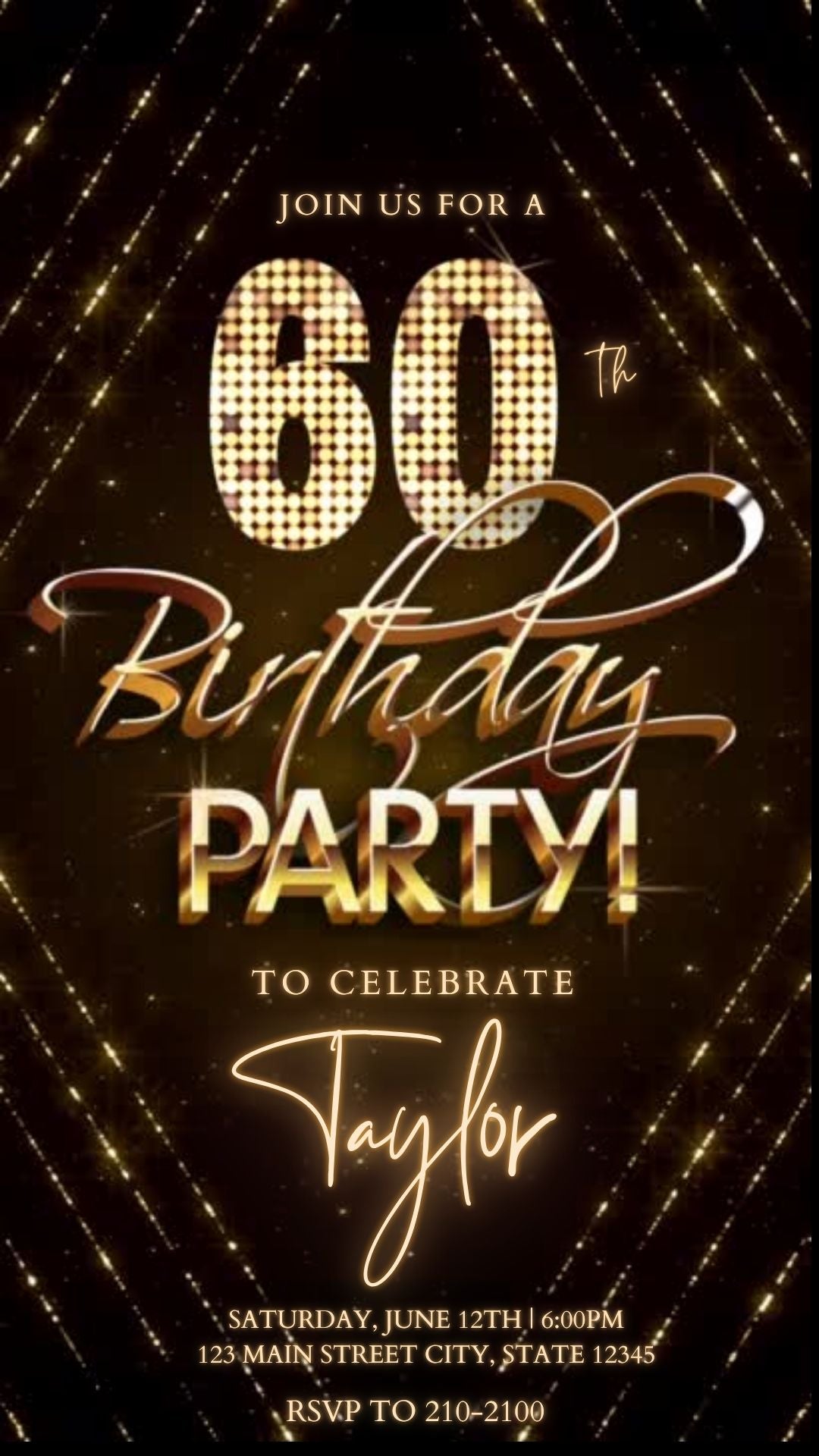 Editable gold glitter 60th birthday birthday video invitation displayed on a mobile phone, featuring an animated vertical digital invite with music, created in Canva. This premium video invitation template is designed for sharing by text, email, and social media and works with an interactive RSVP website for easy guest response tracking.