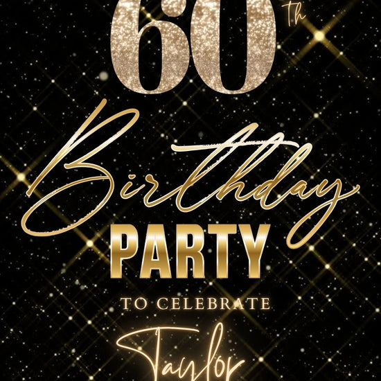 Editable gold sparkle grid 60th birthday birthday video invitation displayed on a mobile phone, featuring an animated vertical digital invite with music, created in Canva. This premium video invitation template is designed for sharing by text, email, and social media and works with an interactive RSVP website for easy guest response tracking.
