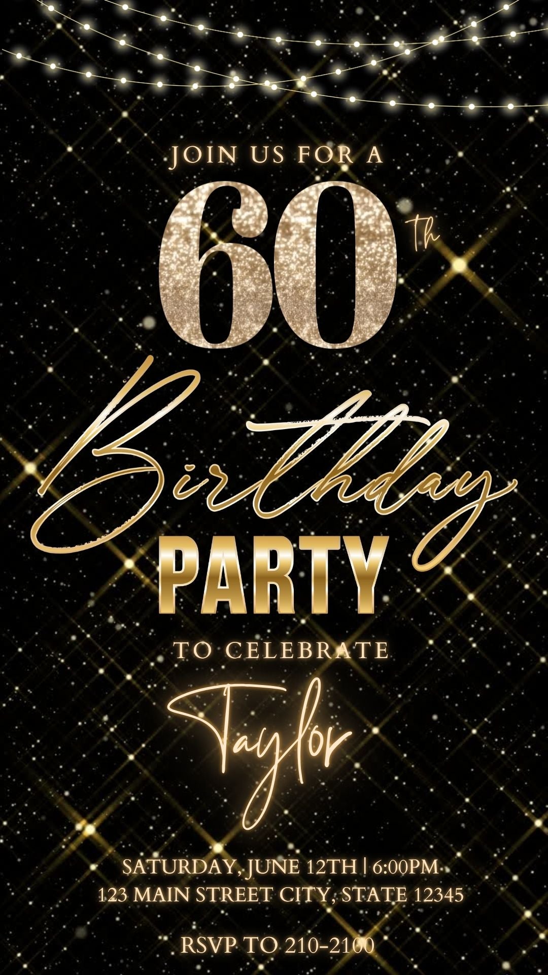 Editable gold sparkle grid 60th birthday birthday video invitation displayed on a mobile phone, featuring an animated vertical digital invite with music, created in Canva. This premium video invitation template is designed for sharing by text, email, and social media and works with an interactive RSVP website for easy guest response tracking.