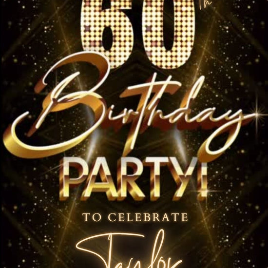 Editable luxury gold spotlight 60th birthday birthday video invitation displayed on a mobile phone, featuring an animated vertical digital invite with music, created in Canva. This premium video invitation template is designed for sharing by text, email, and social media and works with an interactive RSVP website for easy guest response tracking.