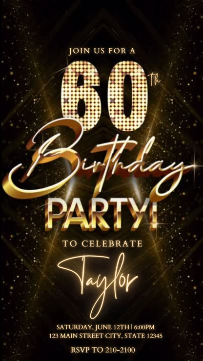 Editable luxury gold spotlight 60th birthday birthday video invitation displayed on a mobile phone, featuring an animated vertical digital invite with music, created in Canva. This premium video invitation template is designed for sharing by text, email, and social media and works with an interactive RSVP website for easy guest response tracking.