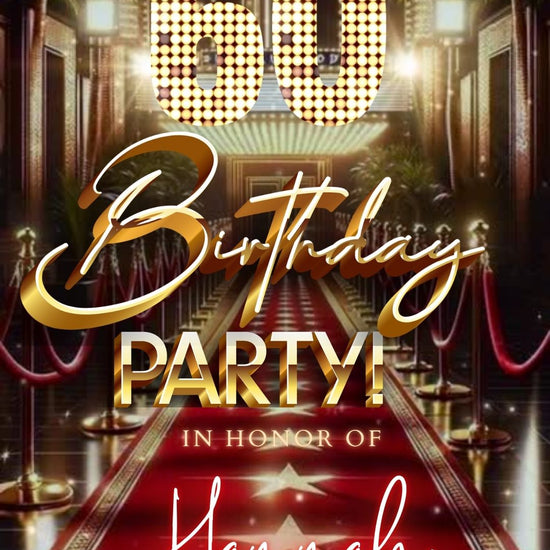 Editable hollywood red carpet 60th birthday birthday video invitation displayed on a mobile phone, featuring an animated vertical digital invite with music, created in Canva. This premium video invitation template is designed for sharing by text, email, and social media and works with an interactive RSVP website for easy guest response tracking.
