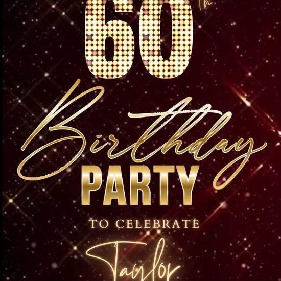 Editable maroon gold sparkle 60th birthday birthday video invitation displayed on a mobile phone, featuring an animated vertical digital invite with music, created in Canva. This premium video invitation template is designed for sharing by text, email, and social media and works with an interactive RSVP website for easy guest response tracking.