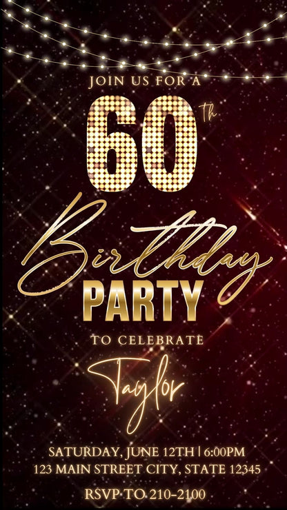 Editable maroon gold sparkle 60th birthday birthday video invitation displayed on a mobile phone, featuring an animated vertical digital invite with music, created in Canva. This premium video invitation template is designed for sharing by text, email, and social media and works with an interactive RSVP website for easy guest response tracking.