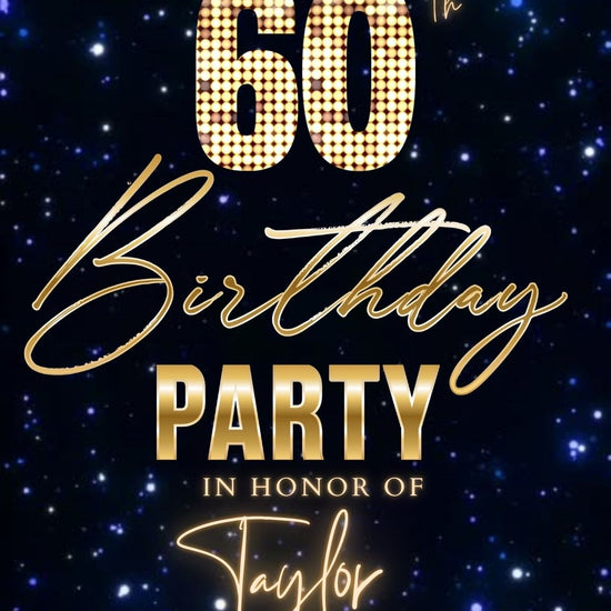 Editable navy gold starry 60th birthday birthday video invitation displayed on a mobile phone, featuring an animated vertical digital invite with music, created in Canva. This premium video invitation template is designed for sharing by text, email, and social media and works with an interactive RSVP website for easy guest response tracking.