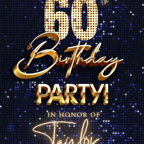 Editable navy sequin gold 60th birthday birthday video invitation displayed on a mobile phone, featuring an animated vertical digital invite with music, created in Canva. This premium video invitation template is designed for sharing by text, email, and social media and works with an interactive RSVP website for easy guest response tracking.
