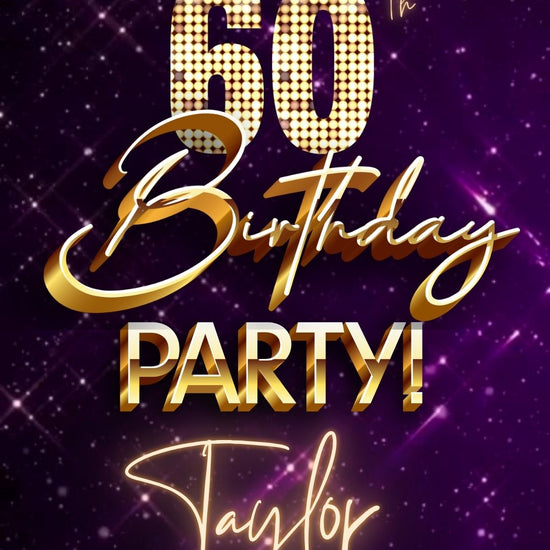Editable purple gold sparkle 60th birthday birthday video invitation displayed on a mobile phone, featuring an animated vertical digital invite with music, created in Canva. This premium video invitation template is designed for sharing by text, email, and social media and works with an interactive RSVP website for easy guest response tracking.