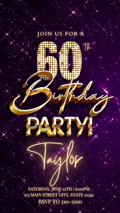 Editable purple gold sparkle 60th birthday birthday video invitation displayed on a mobile phone, featuring an animated vertical digital invite with music, created in Canva. This premium video invitation template is designed for sharing by text, email, and social media and works with an interactive RSVP website for easy guest response tracking.