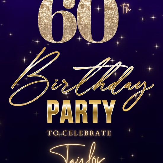 Editable purple gold starry 60th birthday birthday video invitation displayed on a mobile phone, featuring an animated vertical digital invite with music, created in Canva. This premium video invitation template is designed for sharing by text, email, and social media and works with an interactive RSVP website for easy guest response tracking.