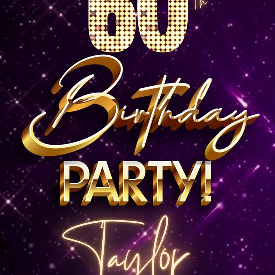 Editable purple gold elegant 60th birthday birthday video invitation displayed on a mobile phone, featuring an animated vertical digital invite with music, created in Canva. This premium video invitation template is designed for sharing by text, email, and social media and works with an interactive RSVP website for easy guest response tracking.