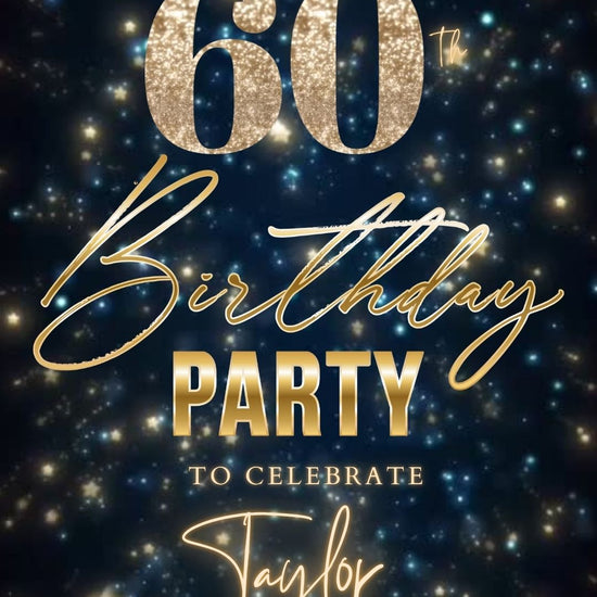 Editable teal gold sparkle 60th birthday birthday video invitation displayed on a mobile phone, featuring an animated vertical digital invite with music, created in Canva. This premium video invitation template is designed for sharing by text, email, and social media and works with an interactive RSVP website for easy guest response tracking.