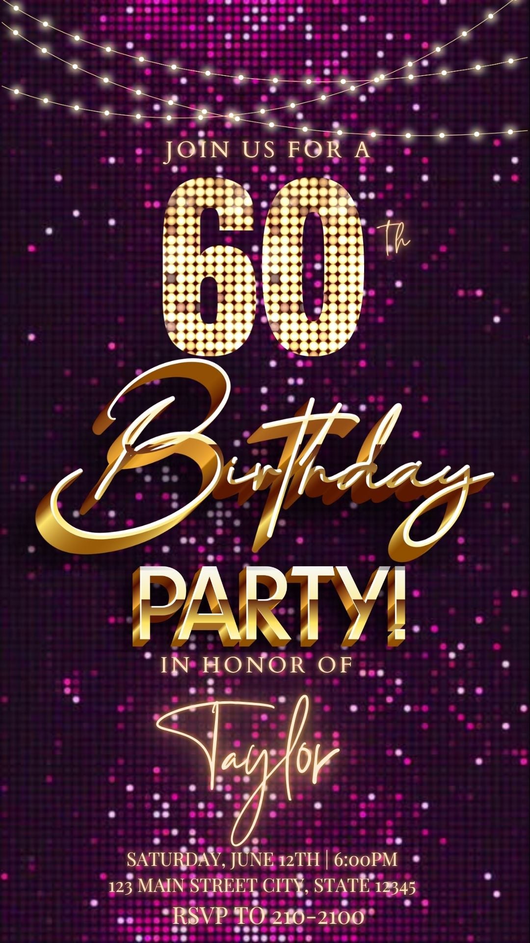 Editable violet gold sequin 60th birthday birthday video invitation displayed on a mobile phone, featuring an animated vertical digital invite with music, created in Canva. This premium video invitation template is designed for sharing by text, email, and social media and works with an interactive RSVP website for easy guest response tracking.