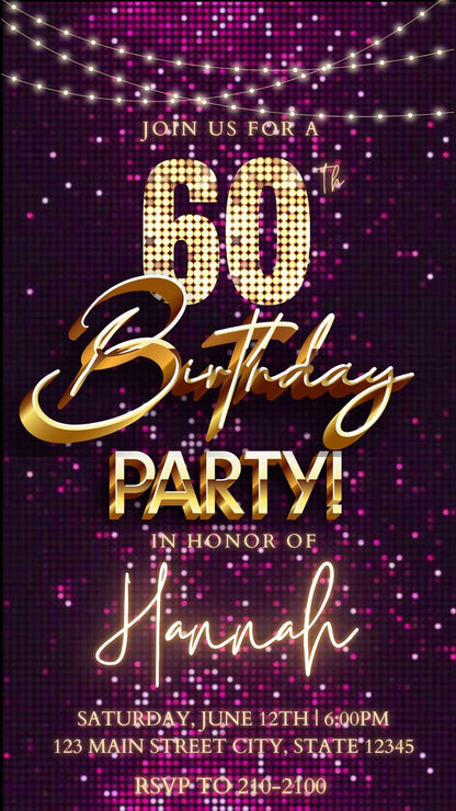 Editable violet sequin gold 60th birthday birthday video invitation displayed on a mobile phone, featuring an animated vertical digital invite with music, created in Canva. This premium video invitation template is designed for sharing by text, email, and social media and works with an interactive RSVP website for easy guest response tracking.